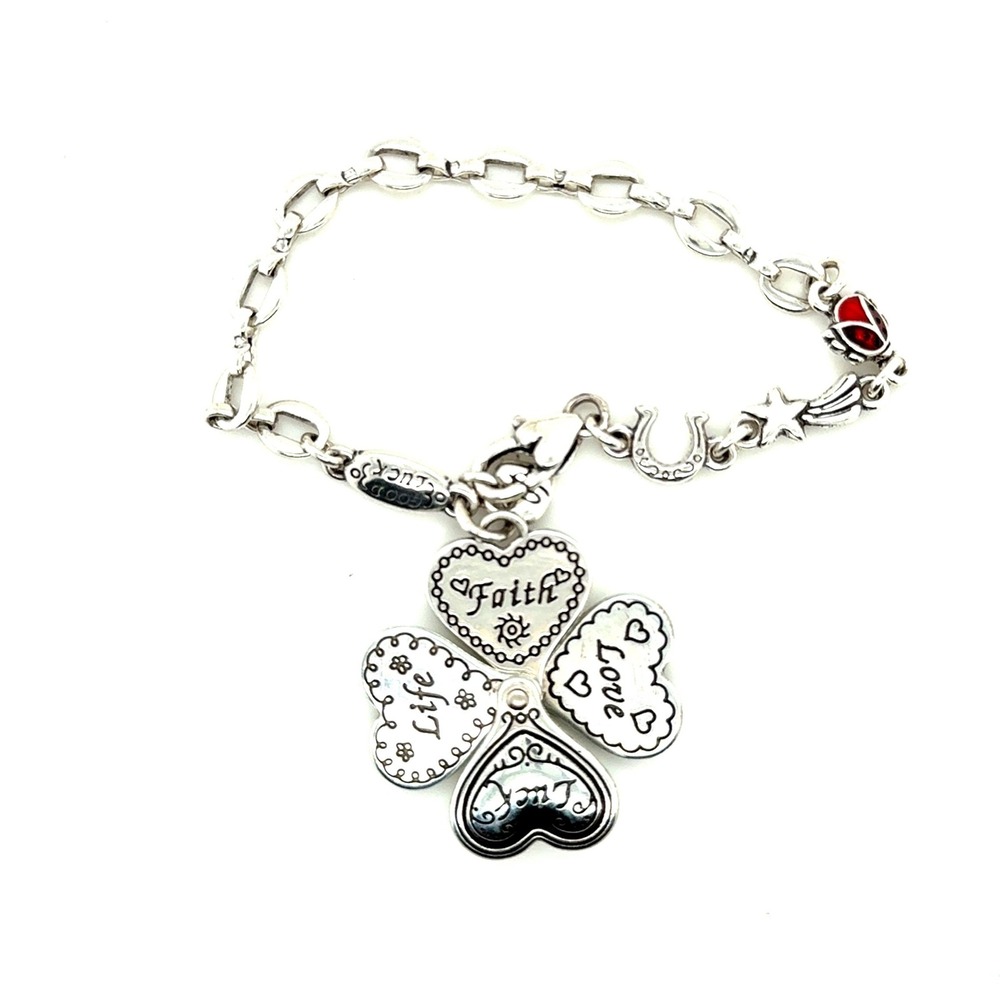 Brighton Silver Tone Faith‎ Love Life Luck Folding Clover Heart Charm Bracelet